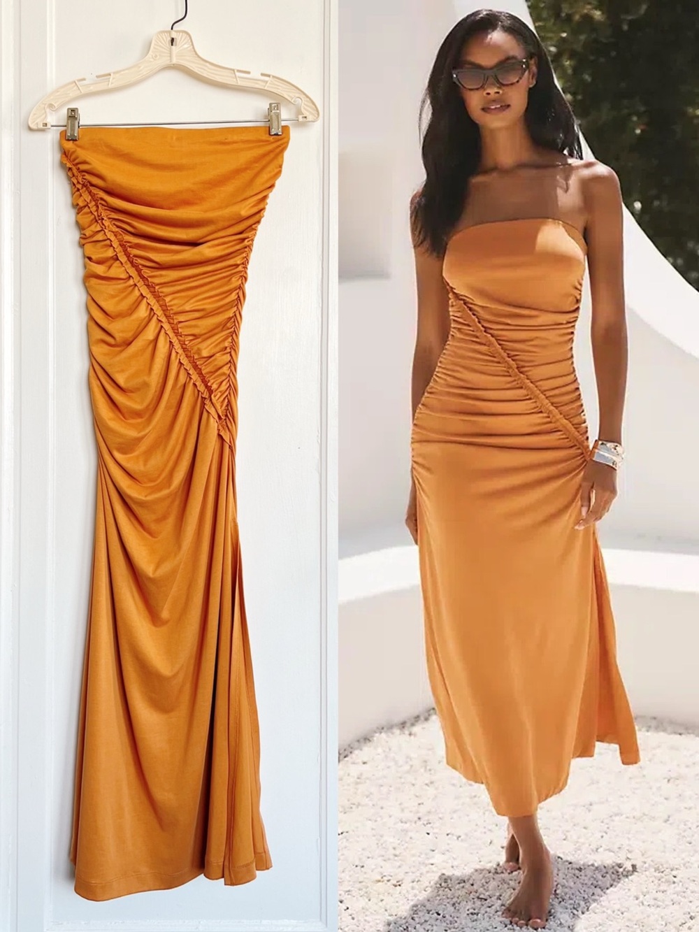 Anthropologie • The Gabbie Strapless Ruched Tube Dress jersey knit Mango orange